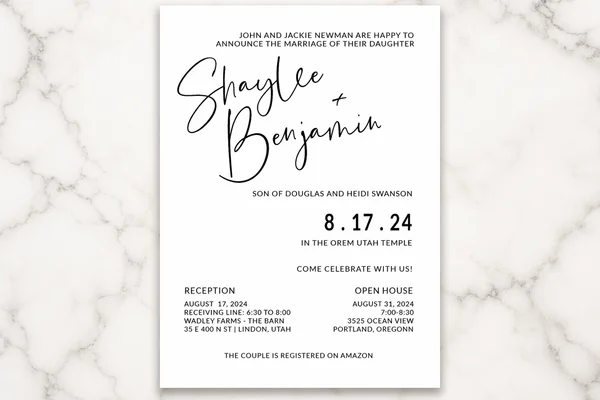 Minimalist LDS wedding invitation with clean typography