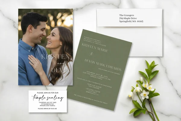 Photo wedding invitation with engagement picture on back