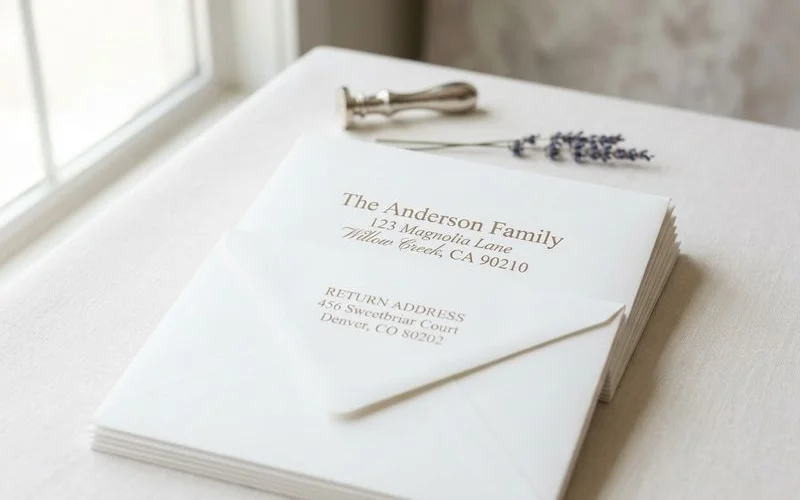 Stack of addressed wedding invitation envelopes ready to be mailed to guests