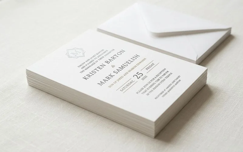Stack of beautifully printed affordable wedding invitations with coordinating envelopes