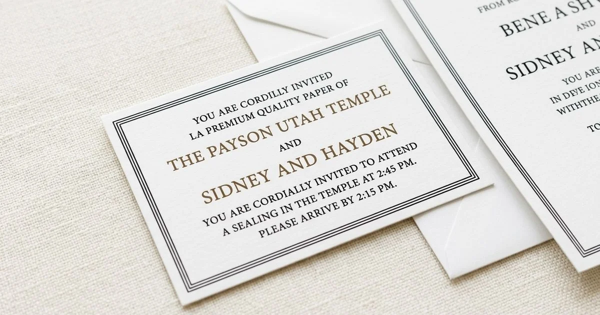 Temple sealing insert card showing what details and information to include for wedding guests